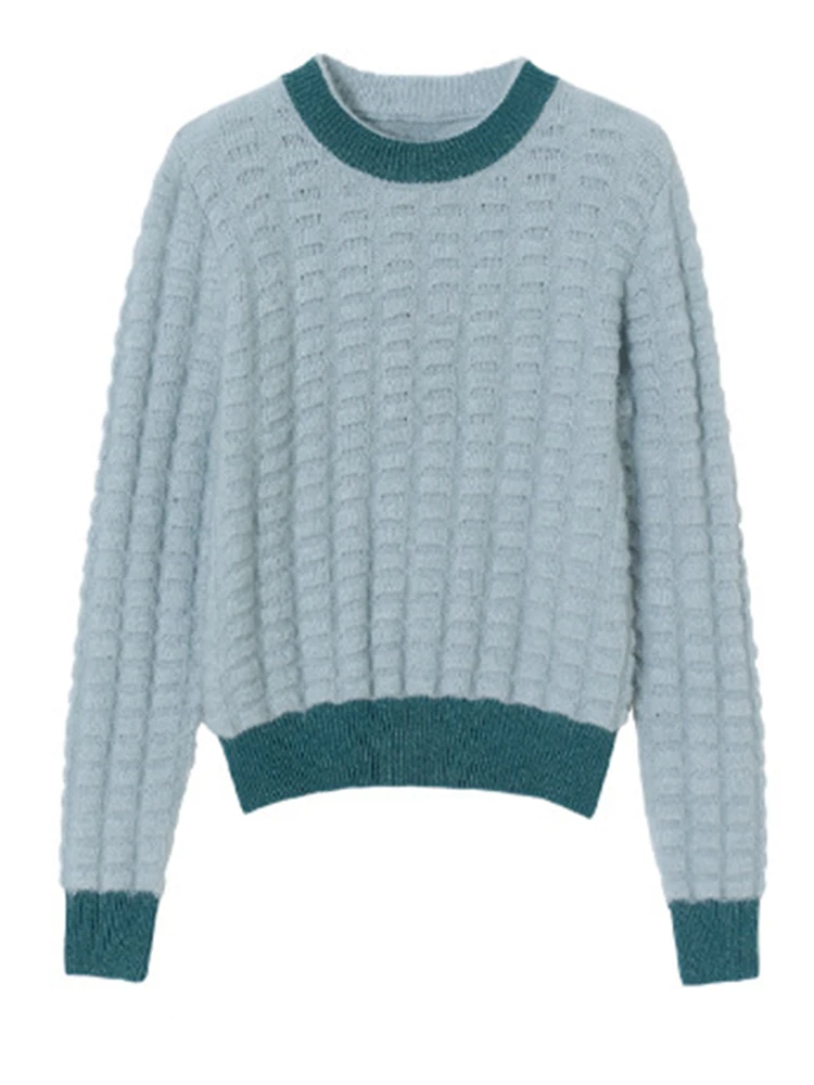 

Block Weave Retro Mohair Pullover Women Autumn Winter Long Sleeve Round Neck Chic Sweaters Casual Vintage Sweater Tops 2021