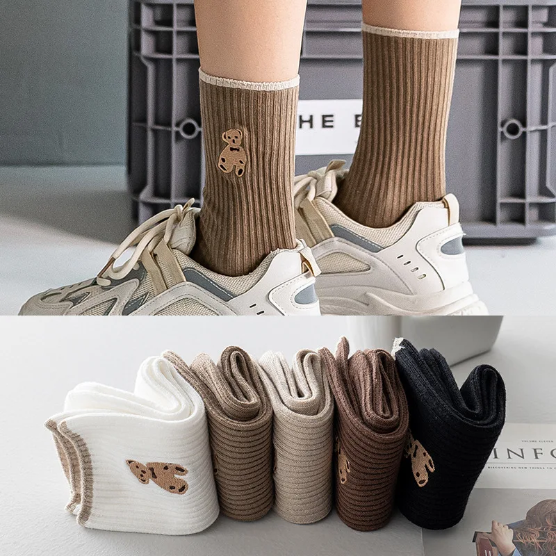 

1 Pairs Cute Bear Animal Print Socks Cartoon Cute Socks Fashion for Women Girls Solid Color Soft Socks Women Socks