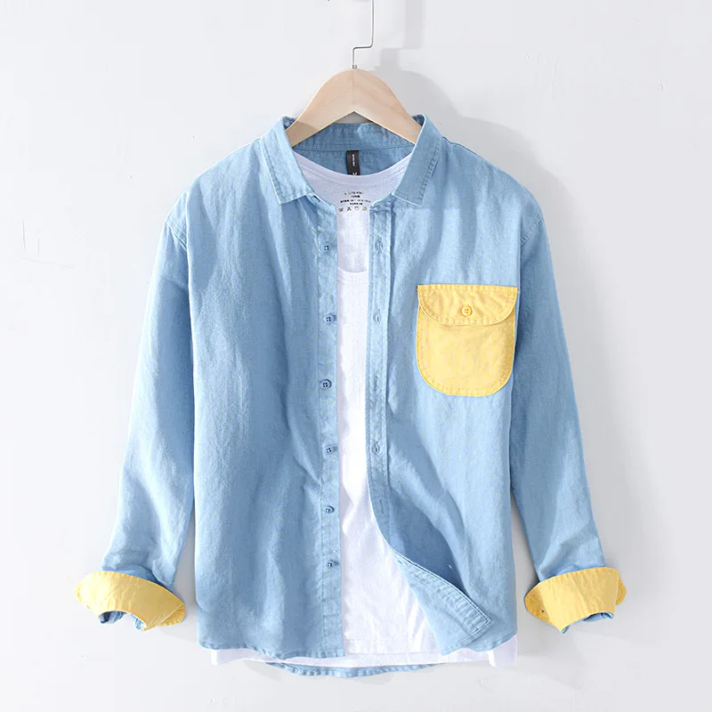 

2020 Spring New Patchwork Pocket Shirt Men Cotton Linen Causal Long Sleeve Shirts Plus Size High Quality Clothing Y2392