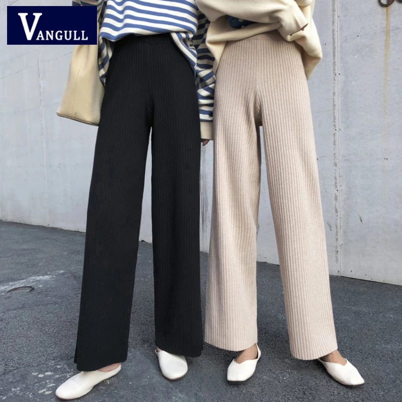 

Vangull Solid Wide Leg Pants Women Autumn Winter Knitted Drawstring Loose High Waist Thicken Casual Elegant Female Soft Trousers