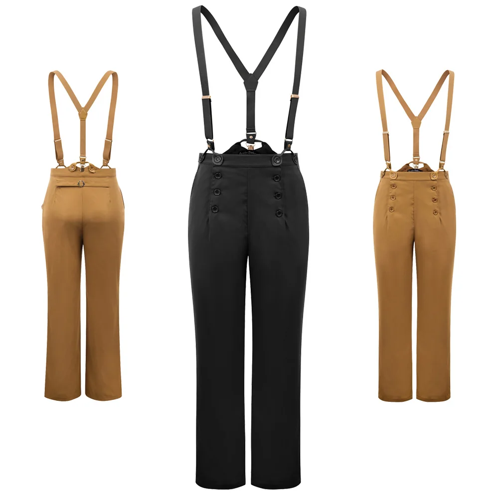 

Men pants Overalls Bib-and-Brace Trousers Steampunk Victorian slim buttons full length office business work Cotton pants male