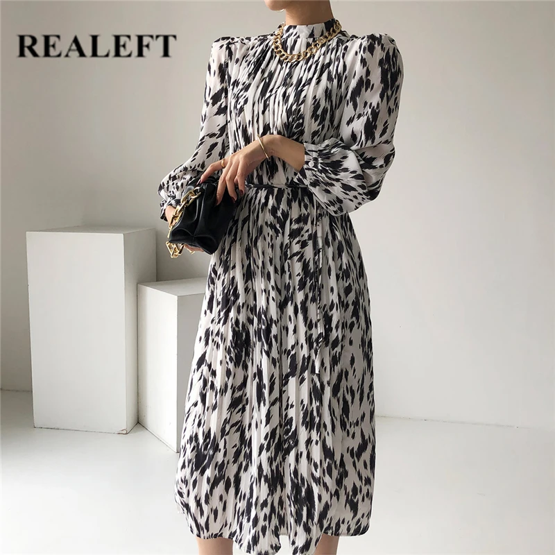 

REALEFT 2021 New Autumn Ink Printed Women Pleated Dress Stand Collar Elegant High Waist Straight A-Line Midi Dresses Chic Female