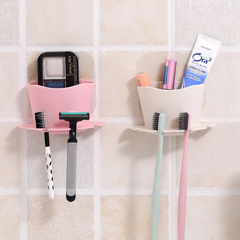 

Self-adhesive Strong Suction Cup Rack for Bathroom Toothbrush Shaver Hanging Shelf Hollow Plastic Storage Shelf Punch Free New