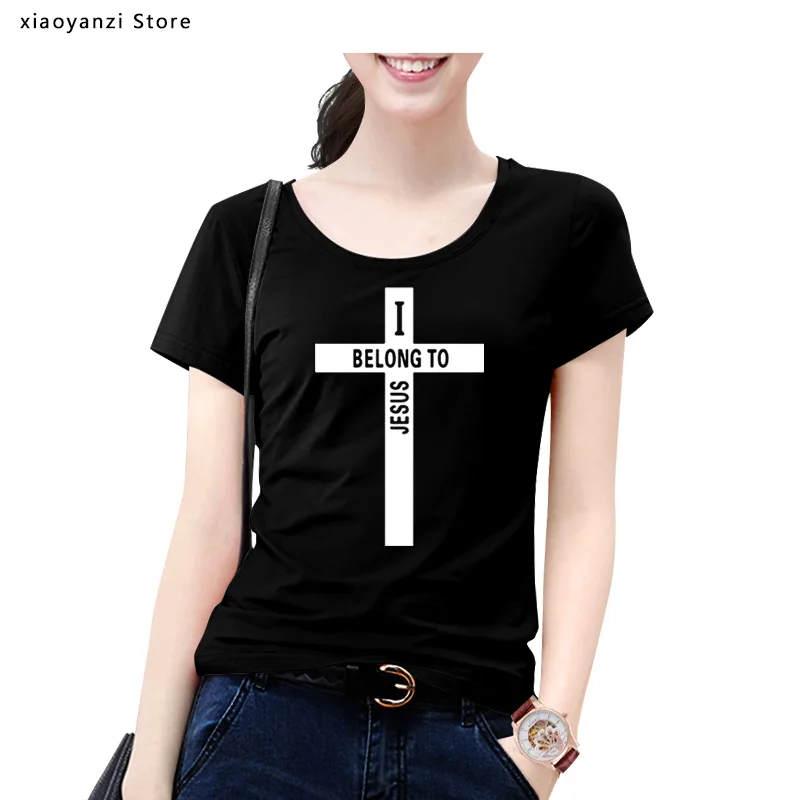 

New Summer T Shirt Women cotton T-shirts Girls cross print JESUS Tee Short Sleeve High Quality Woman Tshirt black
