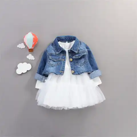 Осенние комплекты одежды для маленьких девочек, джинсовая куртка принцессы + платье, комплект одежды из 2 предметов для маленьких девочек, ...