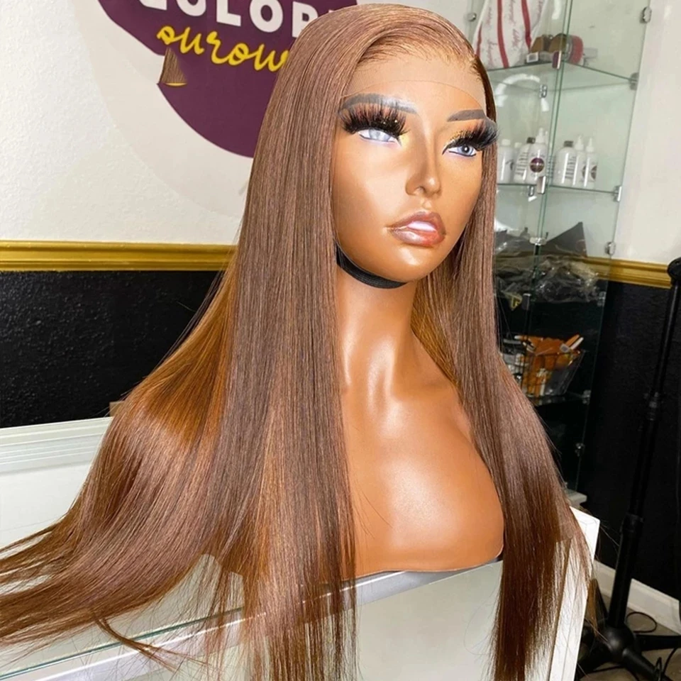 

Brown Colored Silky Straight 180Density Synthetic Hair Lace Front Wig For Women Heat Resistant Fiber Preplucked Wigs Glueless