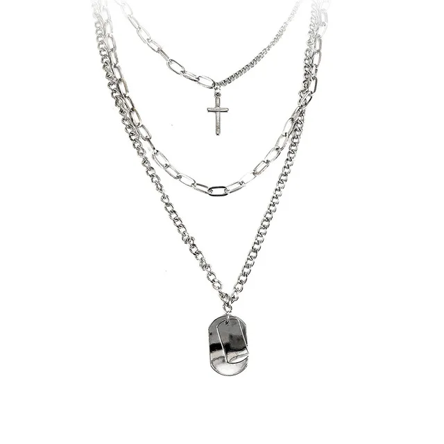 

AOMU 2020 Personality Hip Hop Multilayer Necklace Metal Cross Pendant Silver Color Chain Necklace for Women Men Unisex Jewelry