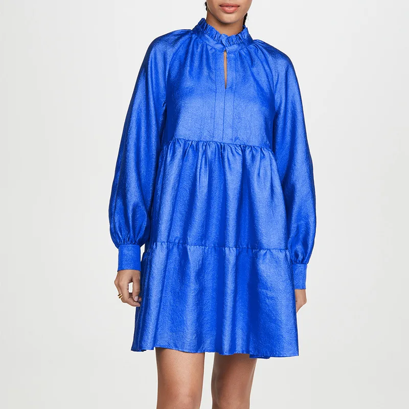 

Plus Size Dress 2021 Autumn New Fashion Sweet Style Small Stand Collar Lantern Sleeve Layer Pleated Taffeta Mini Dress Female