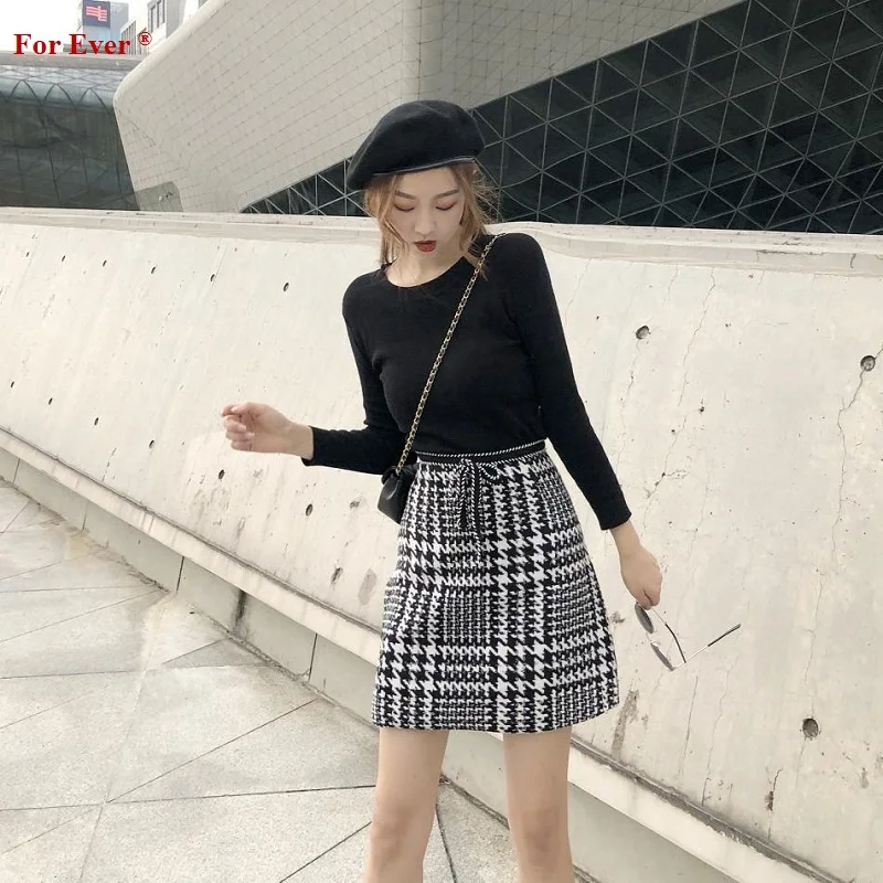 Женский модный костюм осень/весна новый ретро плед шерсть короткая юбка мини