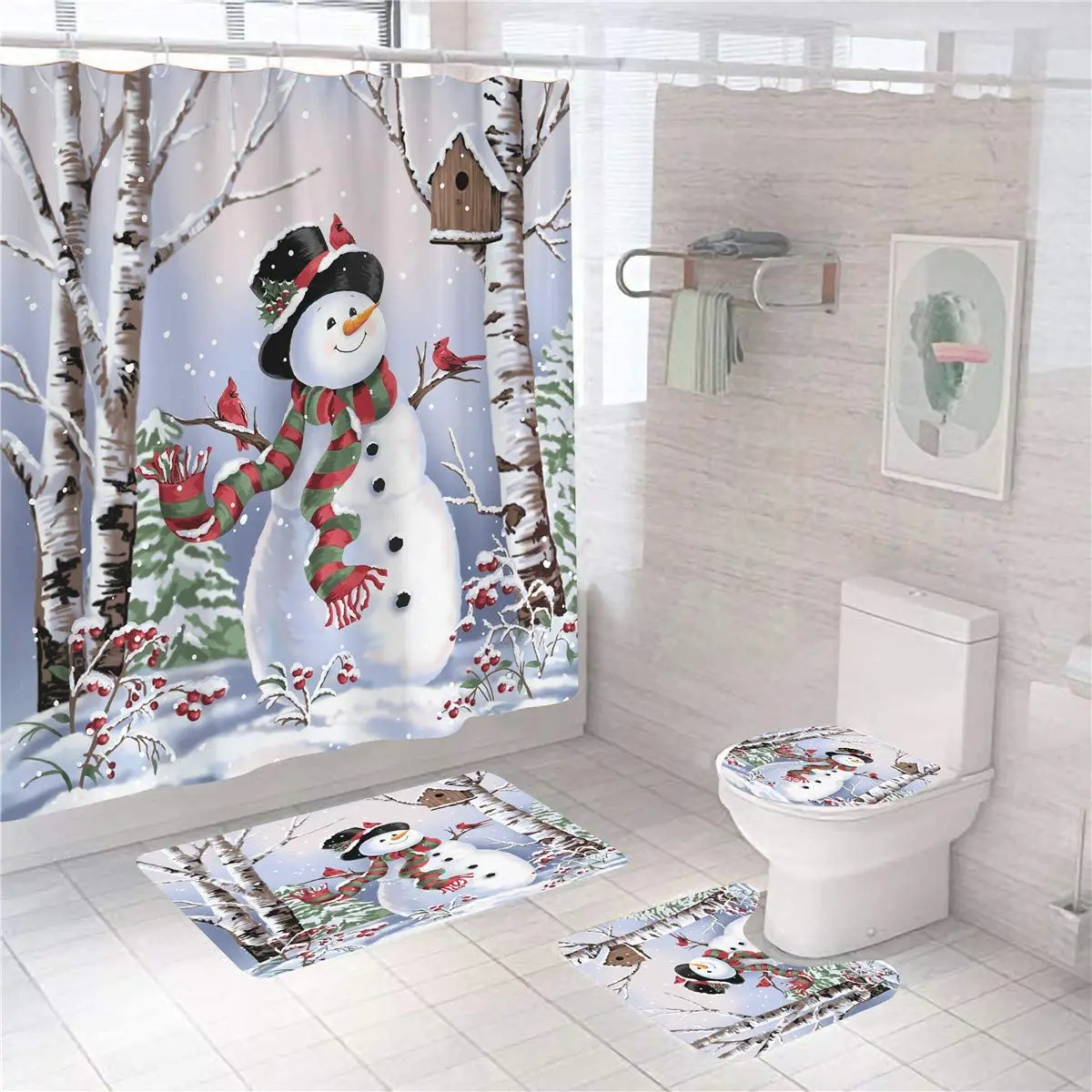 

Christmas Snowman Print Shower Curtain Set Carpet Cover Toilet Cover Bathroom Mat Cushion Cover Bathroom Curtain Household