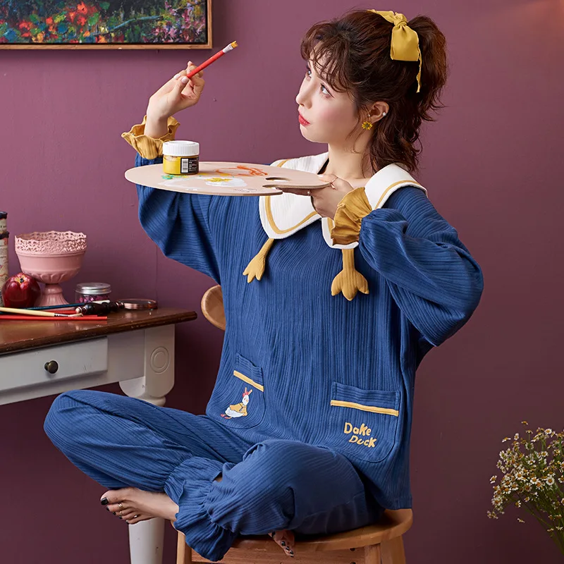 

Autumn Warm Sleepwear Sweet Princess Style Pajama Set Women Cotton Home Suit Cute Cartoon Ducks Pijamas Mujer Comfort Nightwear