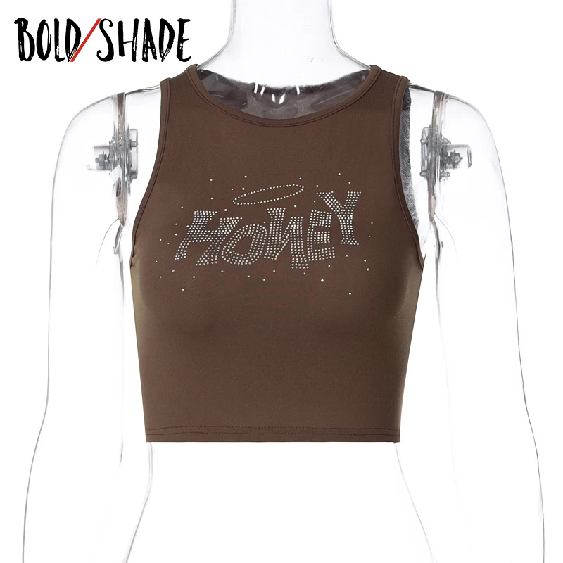 

Bold Shade Indie Aesthetic Letter Rhinestone Crop Tanks Skinny Sexy Brown Vintage Fashion Streetwear Bodycon Partywear 2021 Hot