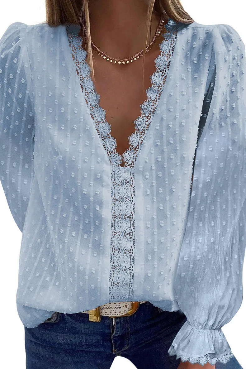 

2021 Fashion Women's New Solid Color V-neck Chiffon Shirt Embroidery Lace Long-Sleeved Blouse Women
