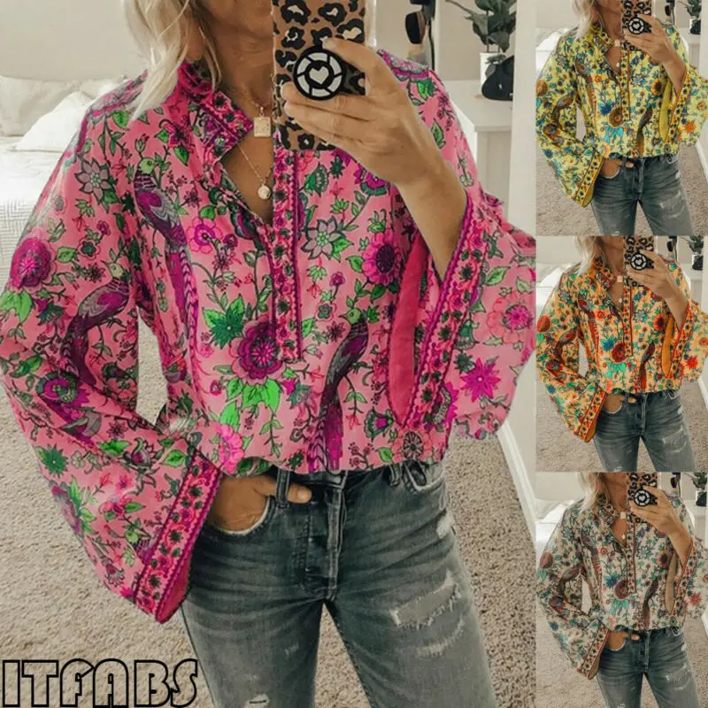 Новинка 2019 популярная винтажная Женская осенне летняя блуза с v образным вырезом