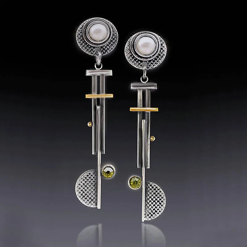 Newest Round White Pearl Earrings Two Tone Long Dangle Metal Rod Statement Pinwheel Blade For Women Jewelry | Украшения и