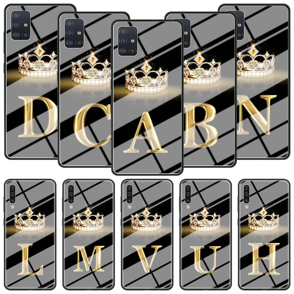 

Glass Case for Samsung Galaxy A51 A50 A71 A70 A31 A30 A21s A91 A10 A40 Tempered Phone Cover Coque Hot Gold Letter