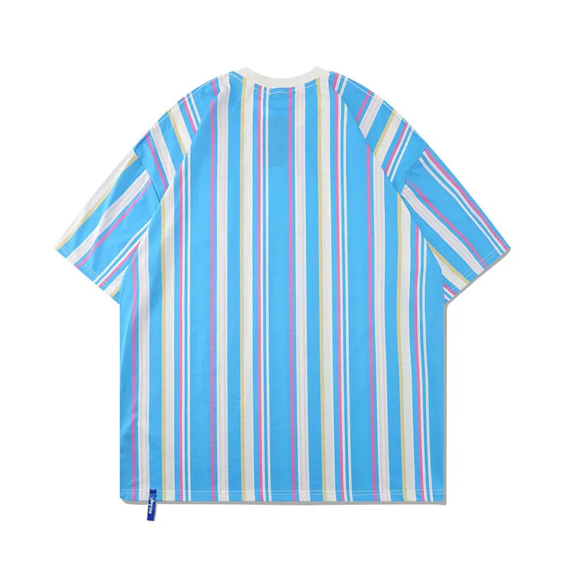 

KIOVNO Men Hip Hop Streetwear Tees Stripe Printed Harakuju T Shirts For Male Short Sleeves