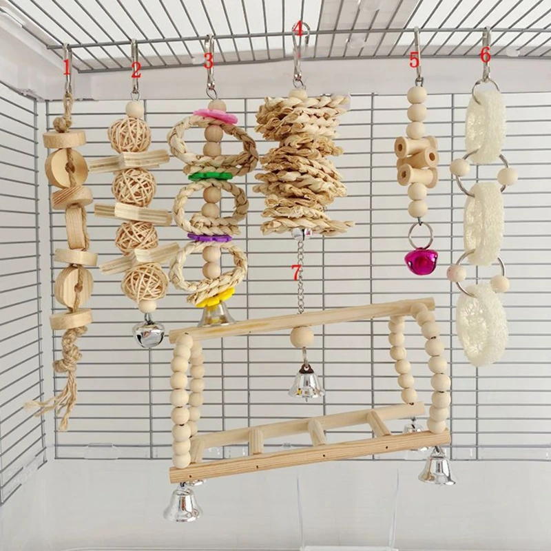 

7Pcs/Set Parrot Swing Chewing Cage Toys Hanging Bell Bird Conures Teeth Molar M68E