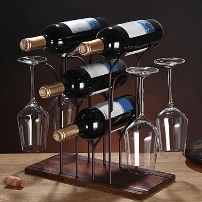 

Tabletop Wood Wine Holder Countertop Wine Rack Hold 4 Wine Bottles and 4 Glasses Perfect for Home Decor Kitchen Storage Rack