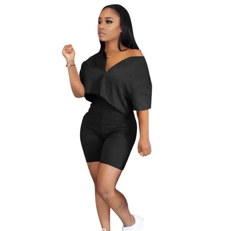 

Summer 2 pieces sets outfits women sexy party casual zipper tops slim shorts suit short sleeve crop tops + shorts 2pcs clothes