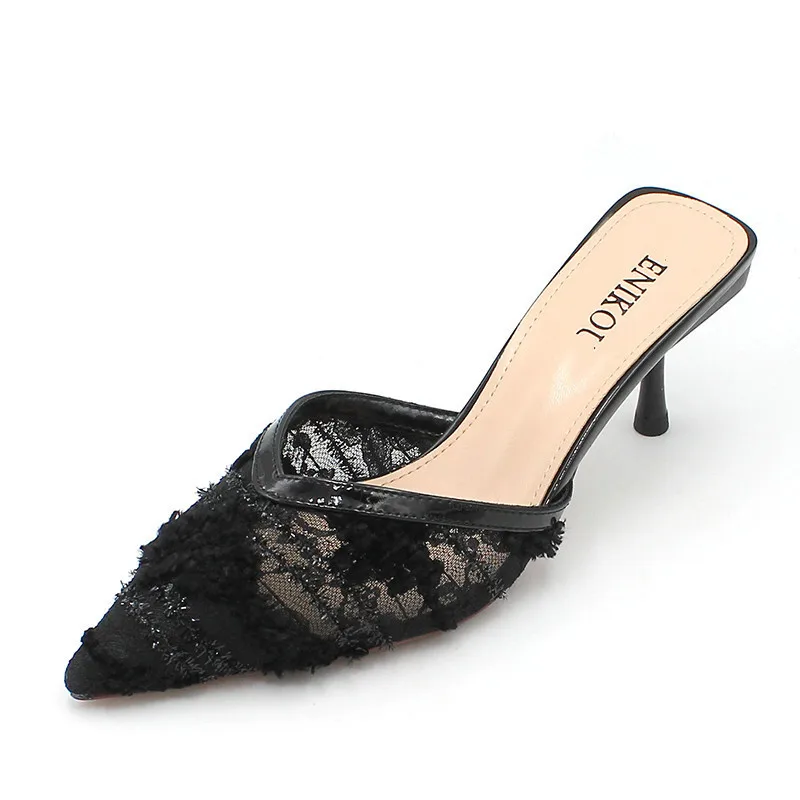 Fashion Summer Outer Wear Mesh (Air mesh) Solid Shallow Thin Heels Slides Pointed Toe Med (3cm-5cm) Cutout House Slippers Mesh