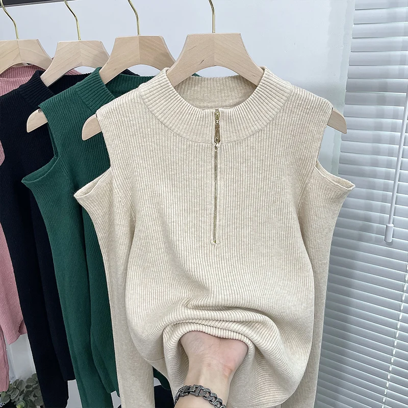 

Green Strapless Sexy Korean Style Fashion Pullovers For Women'S Ladies Autumn Winter 2021 Clothing Sweater Tops Blouses Female
