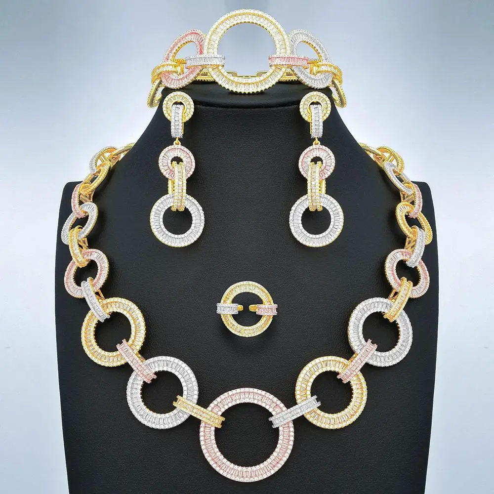 

Newness Luxury Link Chain Cross Dubai Gold Jewelry Set Nigerian Wedding African Beads Bridal Jewellery Set Cubic Zircon Jewelry