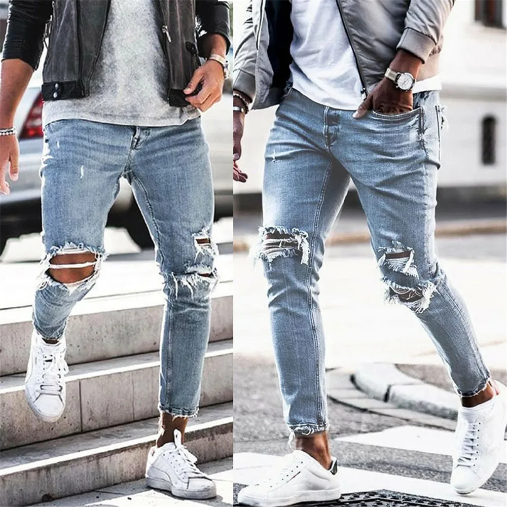 

Light blue Skinny Jeans men Streetwear Destroyed Ripped Jeans Homme Hip Hop Broken modis male Pencil Biker Hollow Out Jean Pants