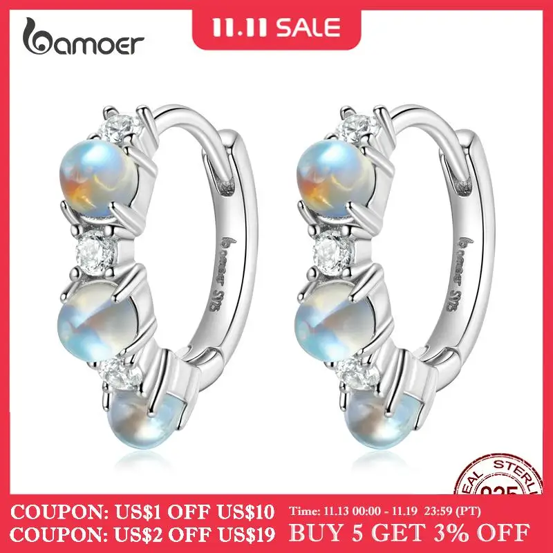 

bamoer 925 Sterling Silver Simple Ear Buckle Moonstone Hoop Earrings for Women Engagement Fine Jewelry BSE532
