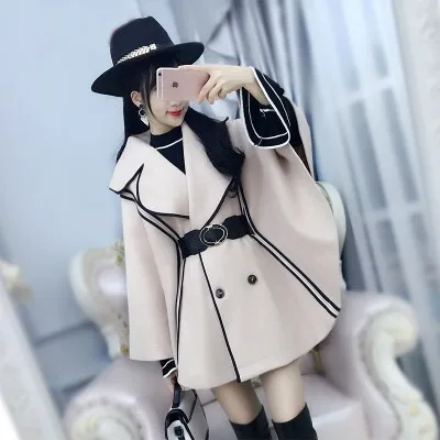 

2020 New Autumn And Winter Women Coats Women's Beige Black-Edged Bat Cloak Cape Woolen Coat WY241