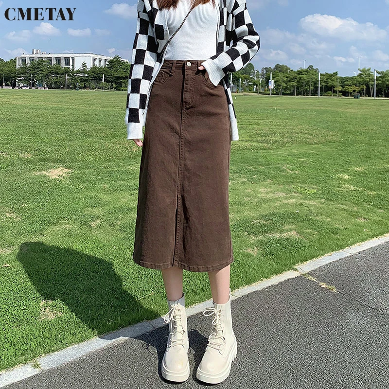 

CMETAY 2022 Spring Autumn New Vintage Women Denim Skirt High Waist Jeans Skirt Straight Female Wild Brown A-Line Split Skirts