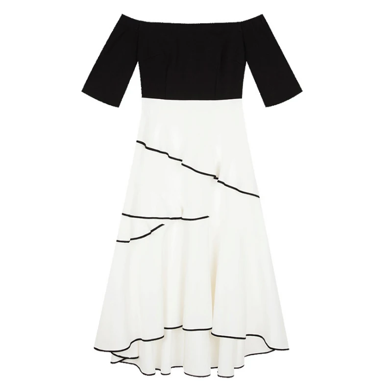 Модная женская одежда черно-белые лоскутные оборки с открытыми плечами шелковые