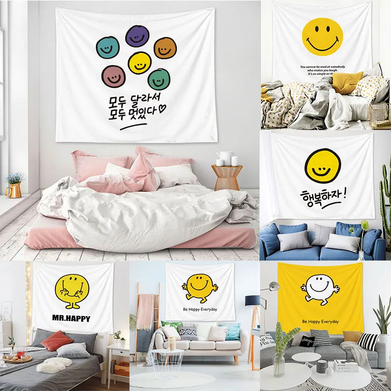 

Cartoon Yellow Smile Face Pattern Hanging Tapestry Decor Dorm Background Wall Happy Everyday Fabric Polyester Tapestries Curtain