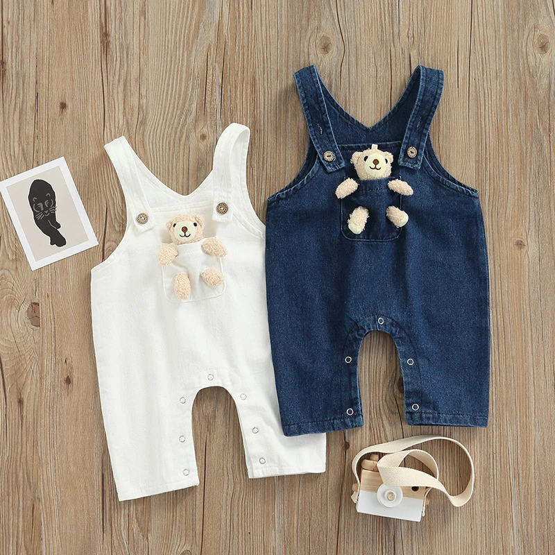 

Cute Girl Boy Romper Sleeveless V Neck Toddlers Girls Boys Denim Cartoon Bear Overalls Casual Kid Jumpsuit Baby Clothing