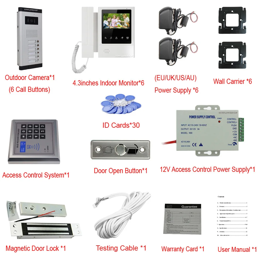 For 6 Multi-Units Electronic Doorman With Camera Hands-Free & Handle Video Intercom Magnetic Door Lock Full Kit Doorbells