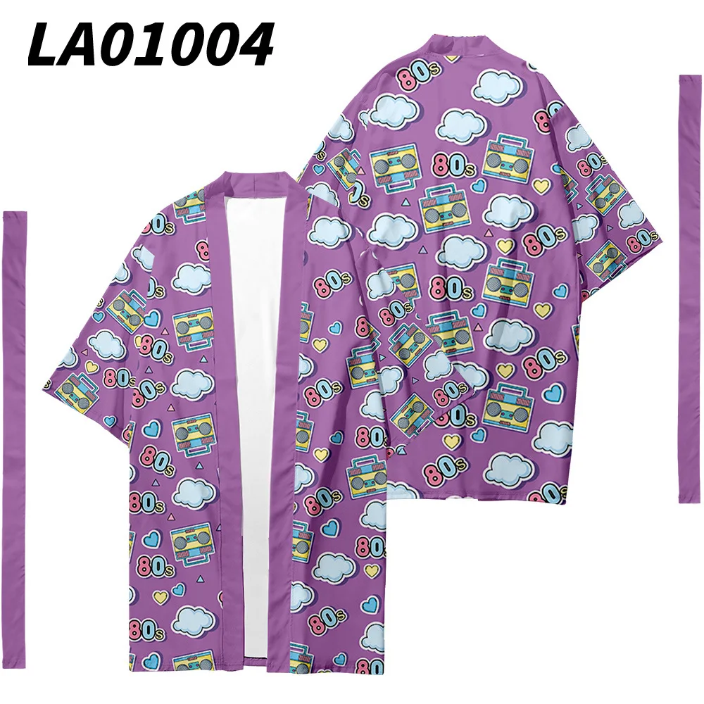 

Pop Element Printed Long Style Japanese Kimono Cardigan With Belt Couple Women Men Casual Asian Clothes Harajuku