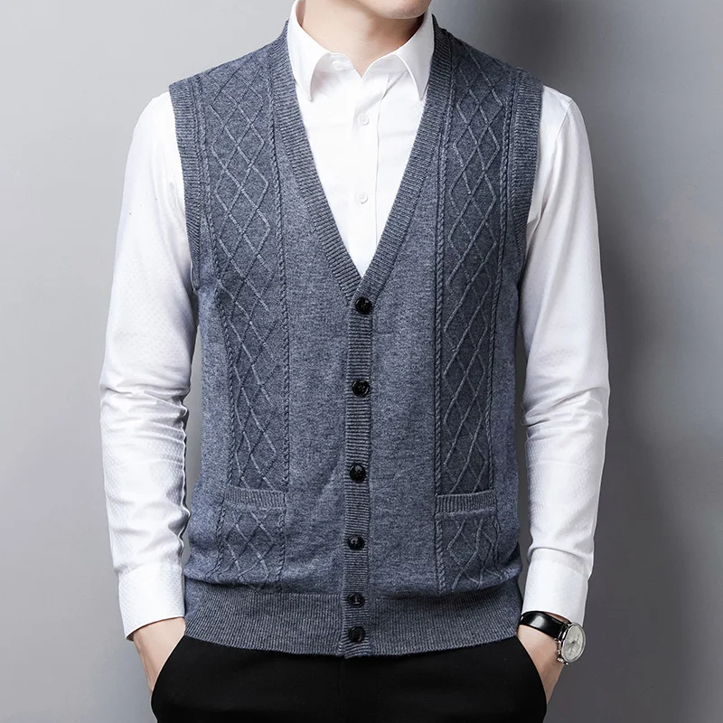 

High Quality Male Sweater Cardigan Autumn Mens Fashion Argyle Patterns Knit Cardigan Sleeveless Wool Sweater Coat