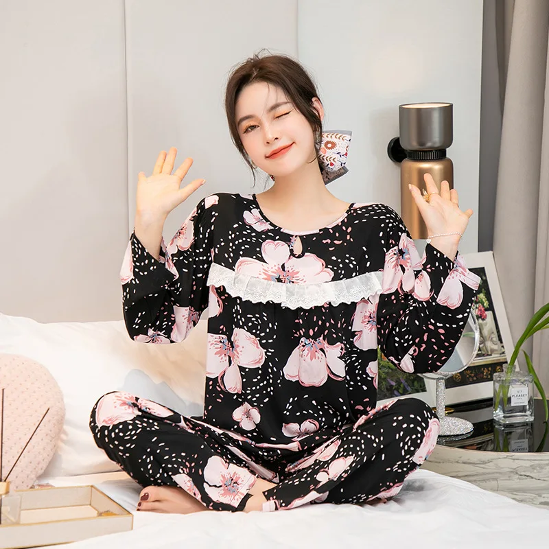

Summer New Nighty Lace Panel Pyjama Printed Women's Pajama Set Ladies Comfort Pijamas Mujer Casual Sleepwear Loose Soft Homewear