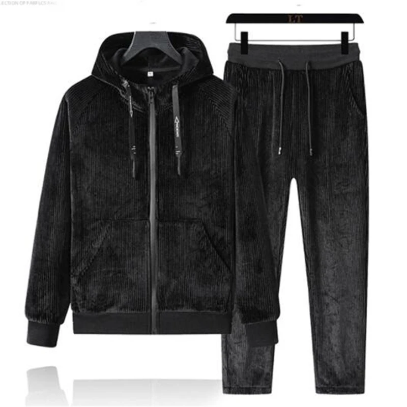 

Autumn and winter men's mink velvet suit plus size Hooded thick gold velvet jacket long-sleeved casual pants two-piece suit MT26