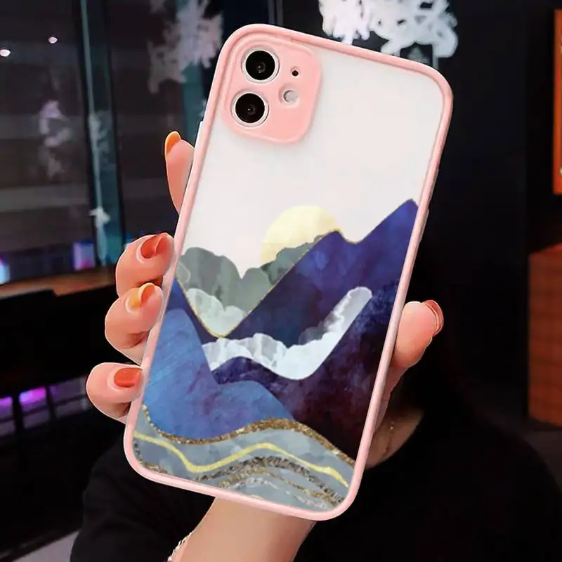 

Mountain Marble Moon Phone Case For iPhone 12 11 Mini Pro XR XS Max 7 8 Plus X Matte transparent Pink Back Cover