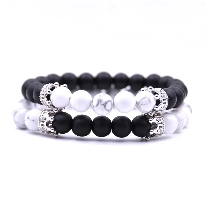 HYHONEY 2pcs/set Couple jewelry Natural stone 8mm Beads Bracelets For Women Pave CZ Crown charm Bracelet Men pulseiras | Украшения и