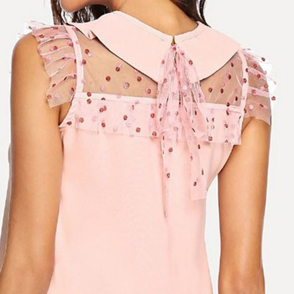 

Women Summer Mini Dresss Fashion Sleeveless Turn Down Collar Tank Point Mesh Short Dress Sexy Party Dresses Vestidos Robe 2020