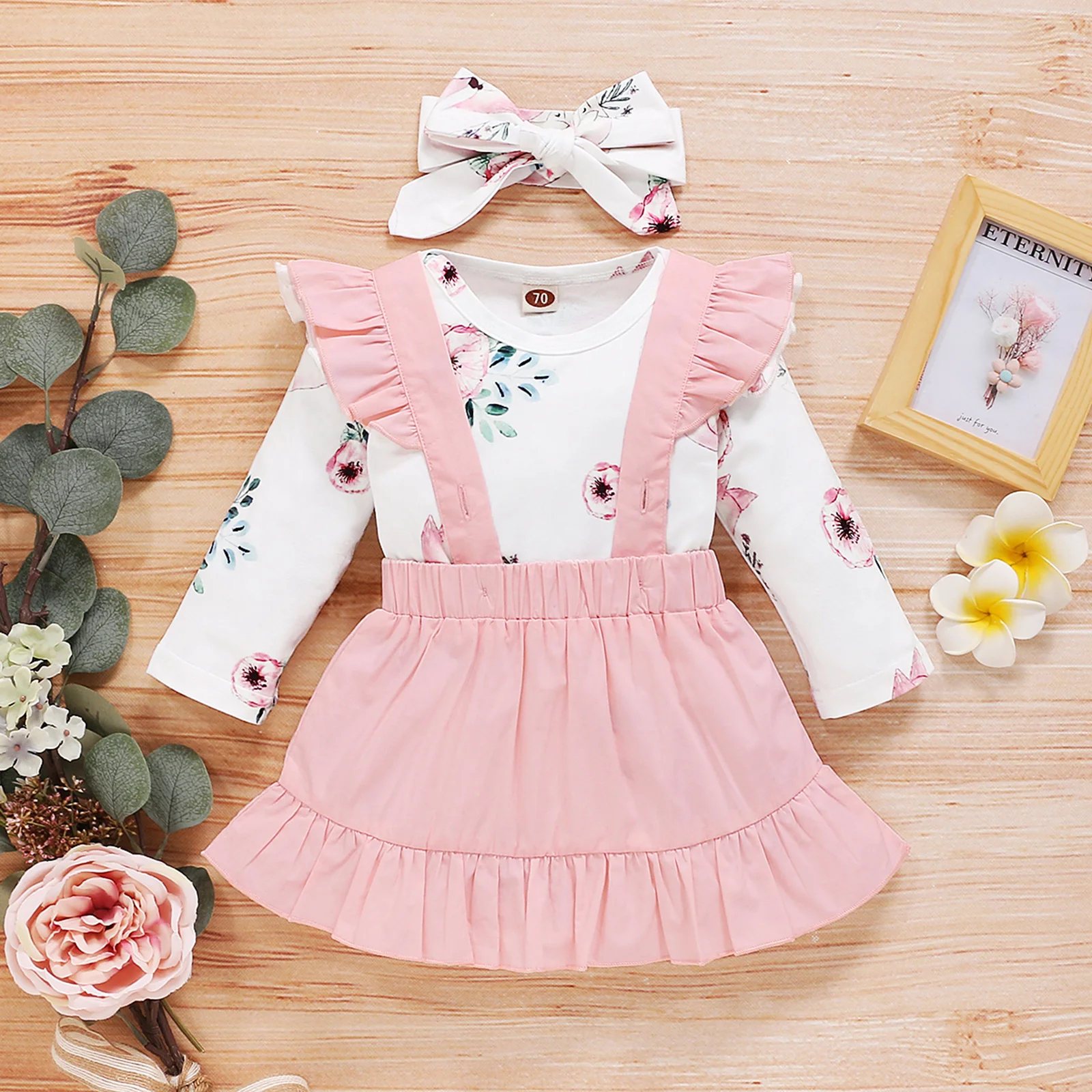 

Summer Baby Clothes Set Fox Print Long Sleeve Round-neck Romper+solid Color Suspender Skirt+bow-knot Headband