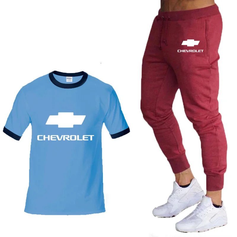 

New 2020 Summer Men's short sleeve Chevrolet Car Logo high quality Crew neck Mens High Quality CottonT-Shirt Pants Suit 2Pc