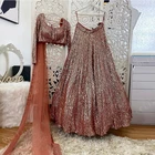 Женское вечернее платье с блестками, розовое платье из двух частей, индийское блестящее платье для выпускного вечера с накидкой, платье для помолвки