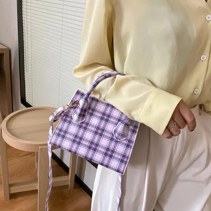 Bolso cruzado peque&ntilde;o a cuadros para mujer, bandolera de piel sint&eacute;tica de Color s&oacute;lido, para verano, 2020-3