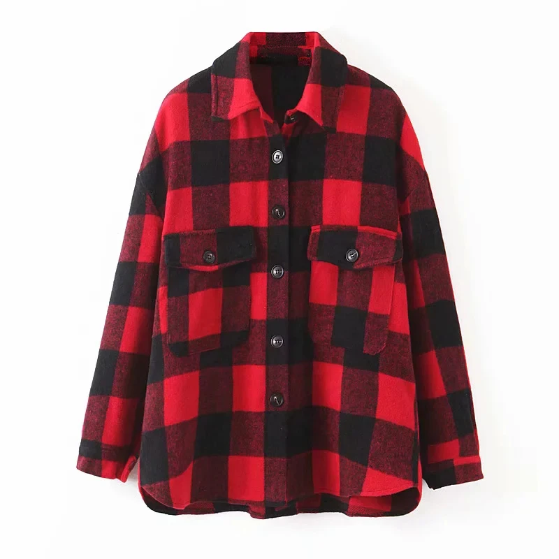 Женская винтажная куртка в клетку красная оверсайз с длинным рукавом верхняя