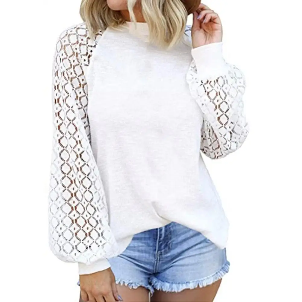 

2021 Autumn Women's Sexy Lace-trimmed Trim Stitching Long-sleeved Hollow Ladies Top Sleeve Puff T-shirt Office O-neck N6a2