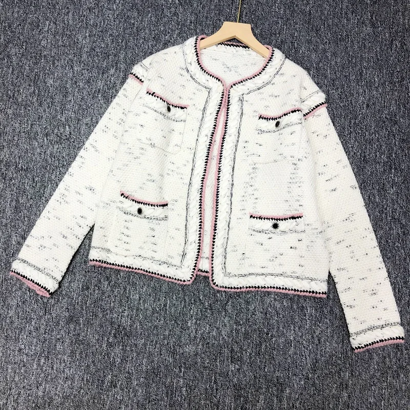 

2021 FW New France Luxury Ladies Knitting Sweater Wild Heavy Industrial Wave Point Mid-length Knitted Cardigan Jacket Women
