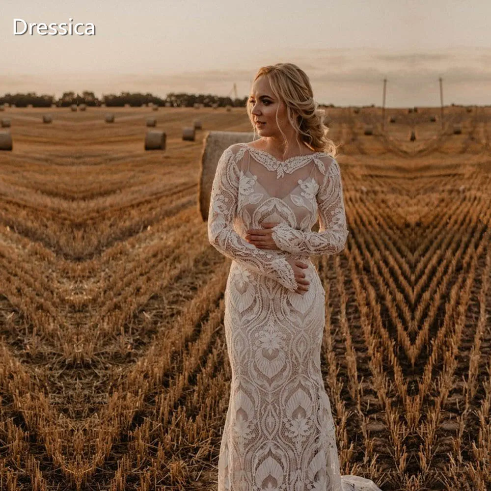 

Crotch Lace Long Sleeve Wedding Dress with Illusion Neckline Mermaid Bridal Gown Custom Made
